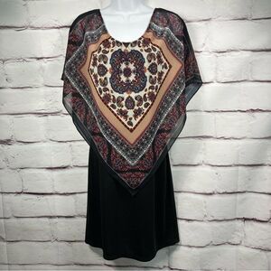 Dress Bohemian SZ XS-S Black Lightweight Scarf Overlay Mini Square Gold Pattern